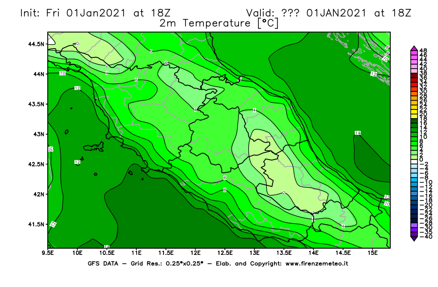 Mappa di analisi GFS - Temperatura a 2 metri dal suolo [°C] in Centro-Italia
							del 01/01/2021 18 <!--googleoff: index-->UTC<!--googleon: index-->