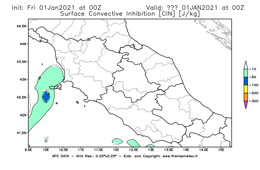 Mappa di analisi GFS - CIN [J/kg] in Centro-Italia
							del 01/01/2021 00 <!--googleoff: index-->UTC<!--googleon: index-->