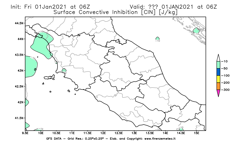 Mappa di analisi GFS - CIN [J/kg] in Centro-Italia
							del 01/01/2021 06 <!--googleoff: index-->UTC<!--googleon: index-->