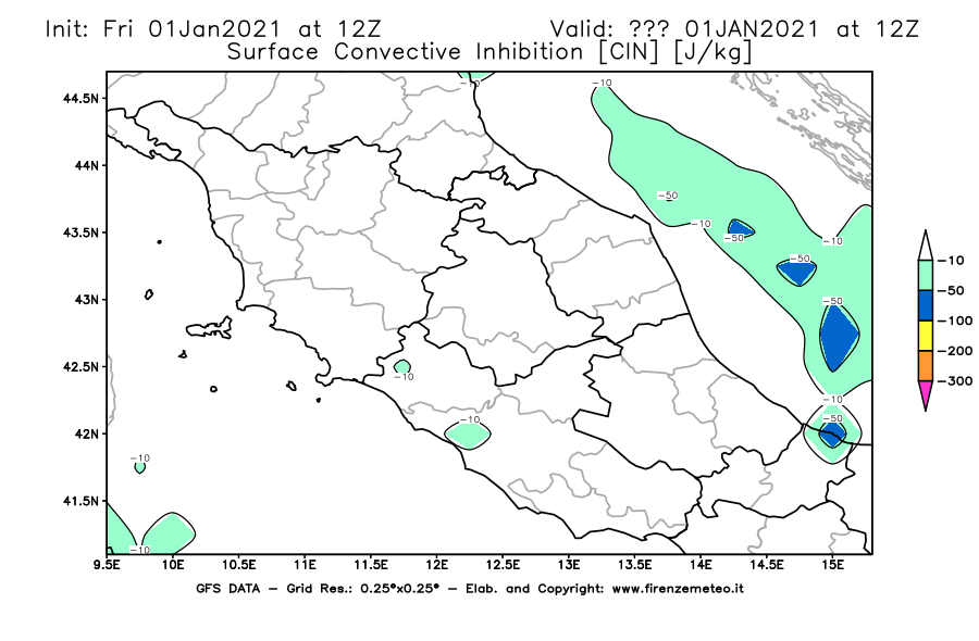 Mappa di analisi GFS - CIN [J/kg] in Centro-Italia
							del 01/01/2021 12 <!--googleoff: index-->UTC<!--googleon: index-->
