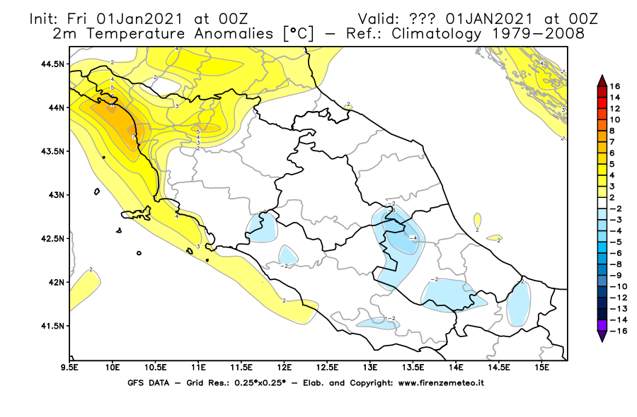 Mappa di analisi GFS - Anomalia Temperatura [°C] a 2 m in Centro-Italia
							del 01/01/2021 00 <!--googleoff: index-->UTC<!--googleon: index-->