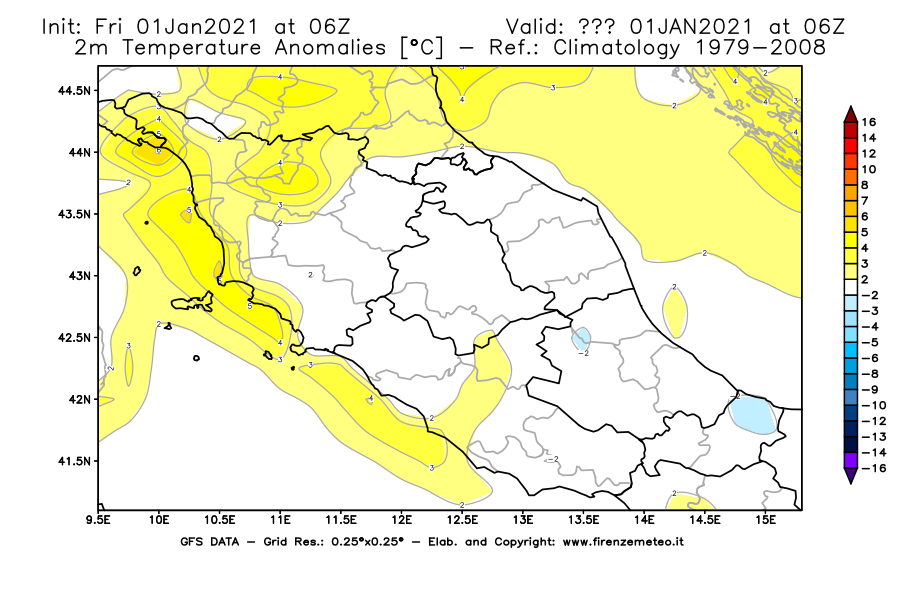Mappa di analisi GFS - Anomalia Temperatura [°C] a 2 m in Centro-Italia
							del 01/01/2021 06 <!--googleoff: index-->UTC<!--googleon: index-->