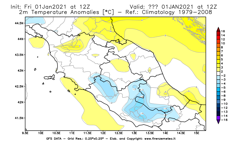 Mappa di analisi GFS - Anomalia Temperatura [°C] a 2 m in Centro-Italia
							del 01/01/2021 12 <!--googleoff: index-->UTC<!--googleon: index-->