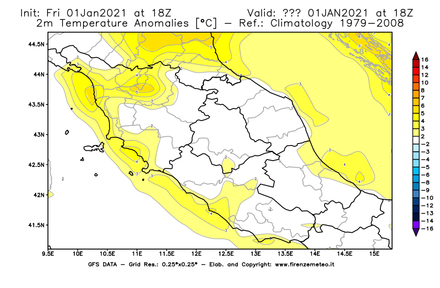 Mappa di analisi GFS - Anomalia Temperatura [°C] a 2 m in Centro-Italia
							del 01/01/2021 18 <!--googleoff: index-->UTC<!--googleon: index-->