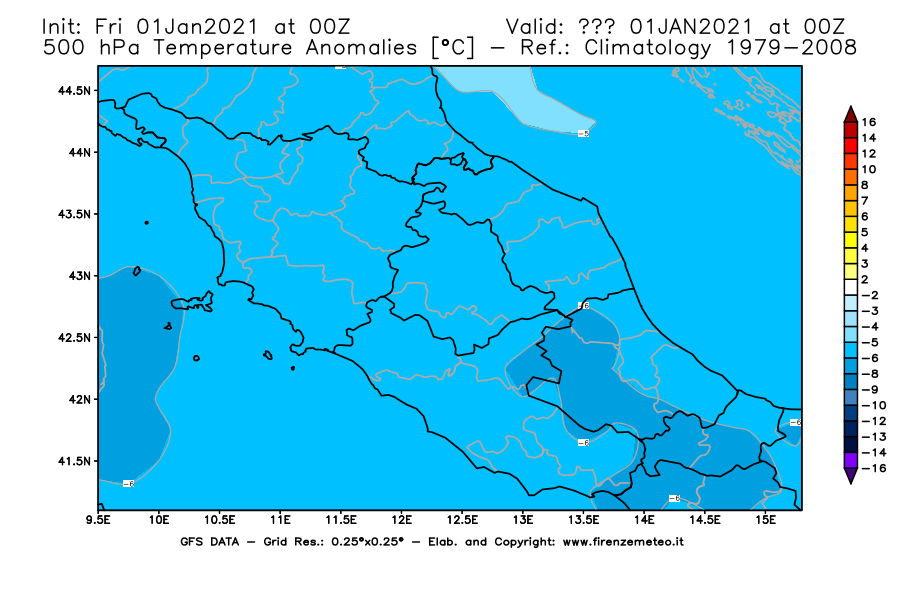 Mappa di analisi GFS - Anomalia Temperatura [°C] a 500 hPa in Centro-Italia
							del 01/01/2021 00 <!--googleoff: index-->UTC<!--googleon: index-->
