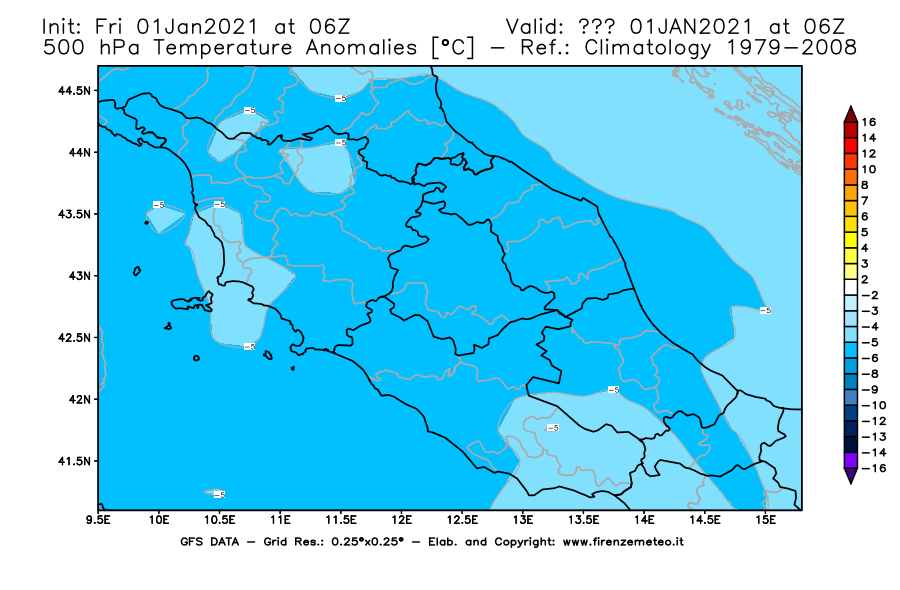 Mappa di analisi GFS - Anomalia Temperatura [°C] a 500 hPa in Centro-Italia
							del 01/01/2021 06 <!--googleoff: index-->UTC<!--googleon: index-->