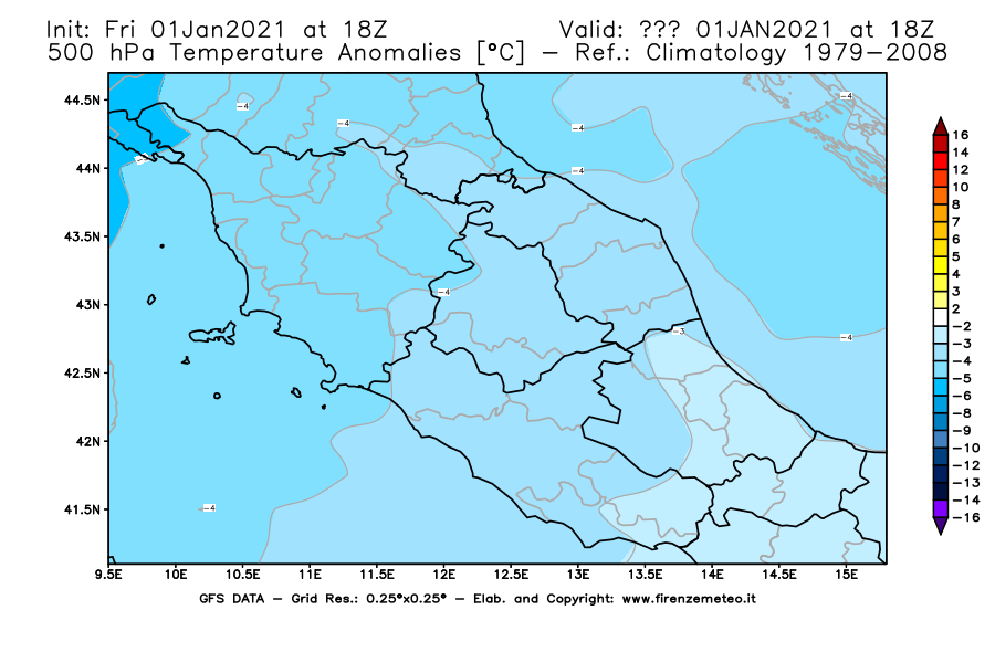 Mappa di analisi GFS - Anomalia Temperatura [°C] a 500 hPa in Centro-Italia
							del 01/01/2021 18 <!--googleoff: index-->UTC<!--googleon: index-->