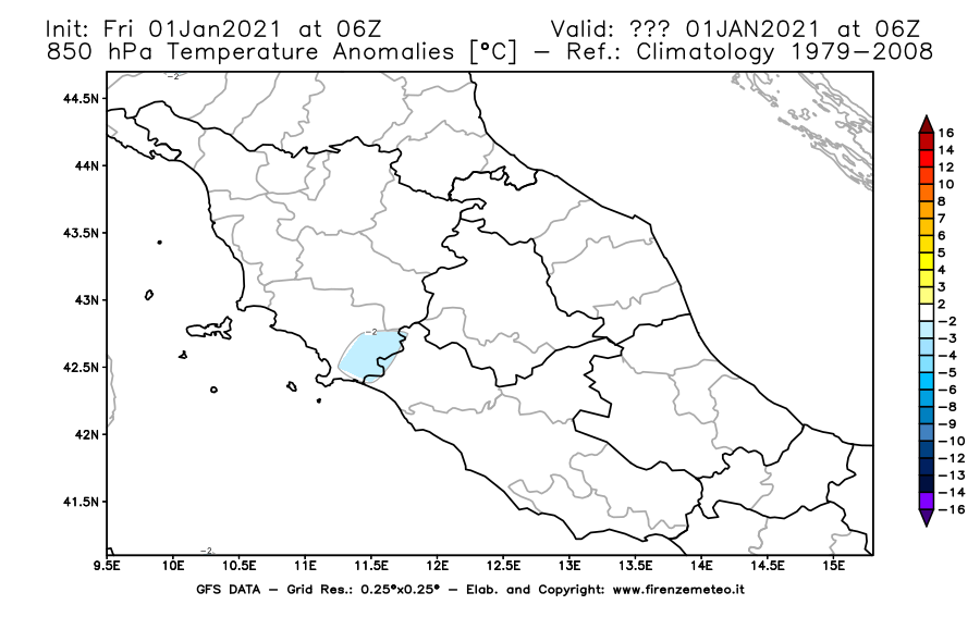 Mappa di analisi GFS - Anomalia Temperatura [°C] a 850 hPa in Centro-Italia
							del 01/01/2021 06 <!--googleoff: index-->UTC<!--googleon: index-->