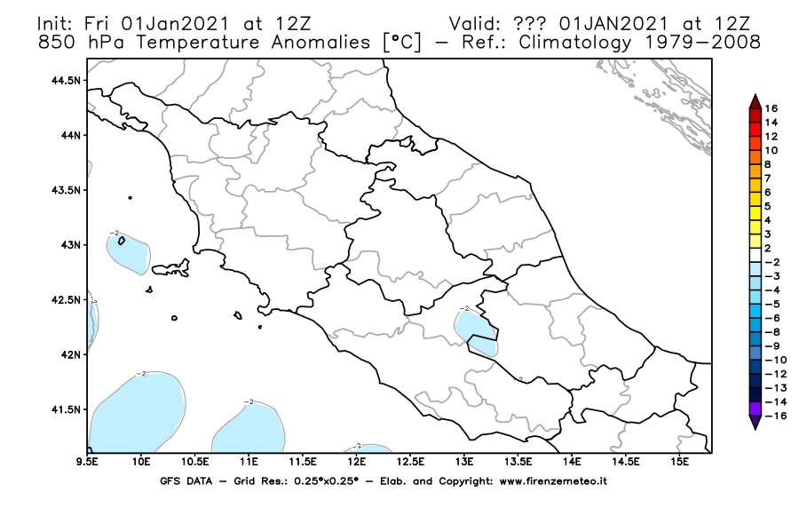 Mappa di analisi GFS - Anomalia Temperatura [°C] a 850 hPa in Centro-Italia
							del 01/01/2021 12 <!--googleoff: index-->UTC<!--googleon: index-->