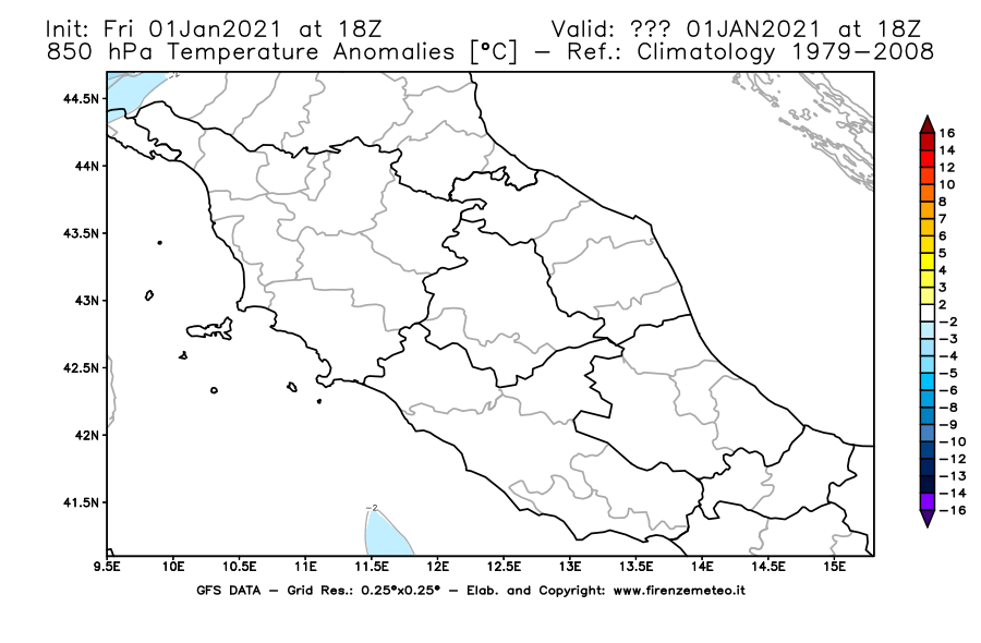 Mappa di analisi GFS - Anomalia Temperatura [°C] a 850 hPa in Centro-Italia
							del 01/01/2021 18 <!--googleoff: index-->UTC<!--googleon: index-->