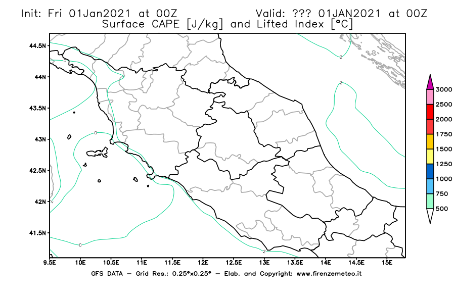Mappa di analisi GFS - CAPE [J/kg] e Lifted Index [°C] in Centro-Italia
							del 01/01/2021 00 <!--googleoff: index-->UTC<!--googleon: index-->