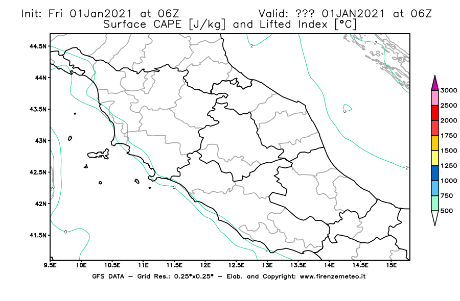 Mappa di analisi GFS - CAPE [J/kg] e Lifted Index [°C] in Centro-Italia
							del 01/01/2021 06 <!--googleoff: index-->UTC<!--googleon: index-->