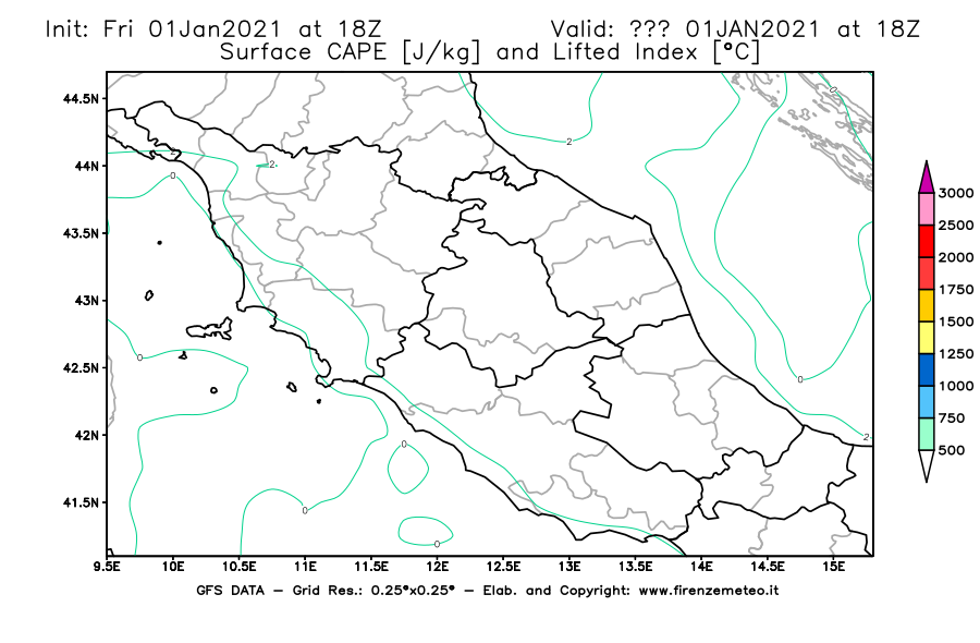 Mappa di analisi GFS - CAPE [J/kg] e Lifted Index [°C] in Centro-Italia
							del 01/01/2021 18 <!--googleoff: index-->UTC<!--googleon: index-->