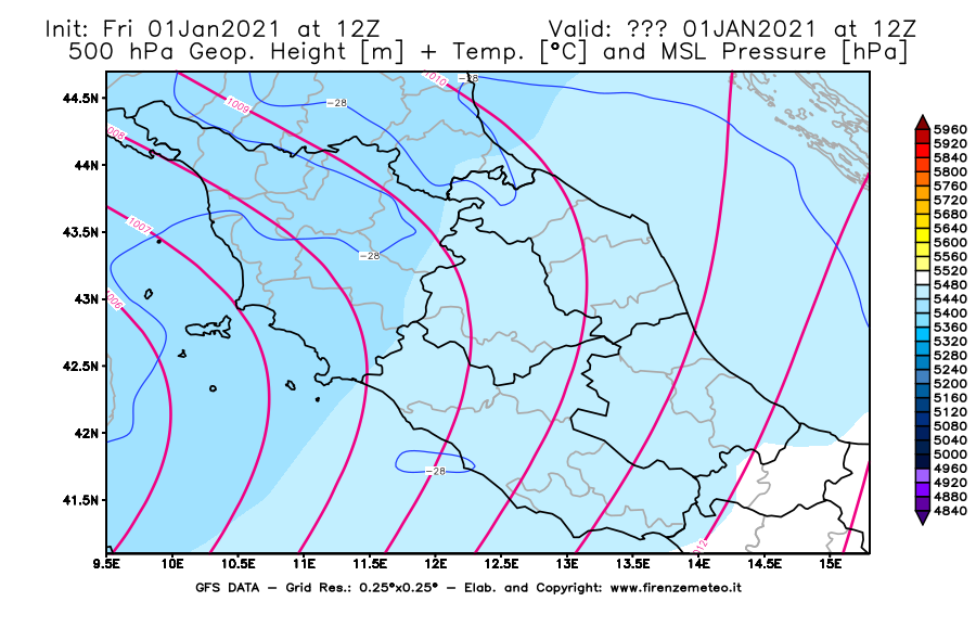 Mappa di analisi GFS - Geopotenziale [m] + Temp. [°C] a 500 hPa + Press. a livello del mare [hPa] in Centro-Italia
							del 01/01/2021 12 <!--googleoff: index-->UTC<!--googleon: index-->
