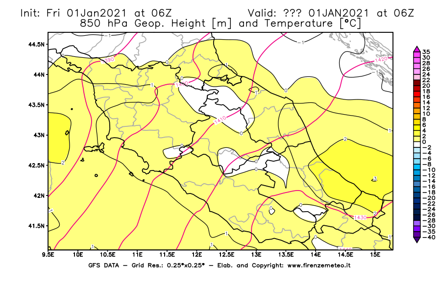 Mappa di analisi GFS - Geopotenziale [m] e Temperatura [°C] a 850 hPa in Centro-Italia
							del 01/01/2021 06 <!--googleoff: index-->UTC<!--googleon: index-->