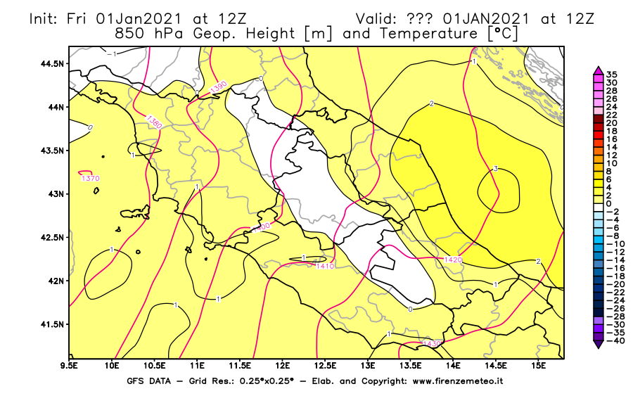 Mappa di analisi GFS - Geopotenziale [m] e Temperatura [°C] a 850 hPa in Centro-Italia
							del 01/01/2021 12 <!--googleoff: index-->UTC<!--googleon: index-->