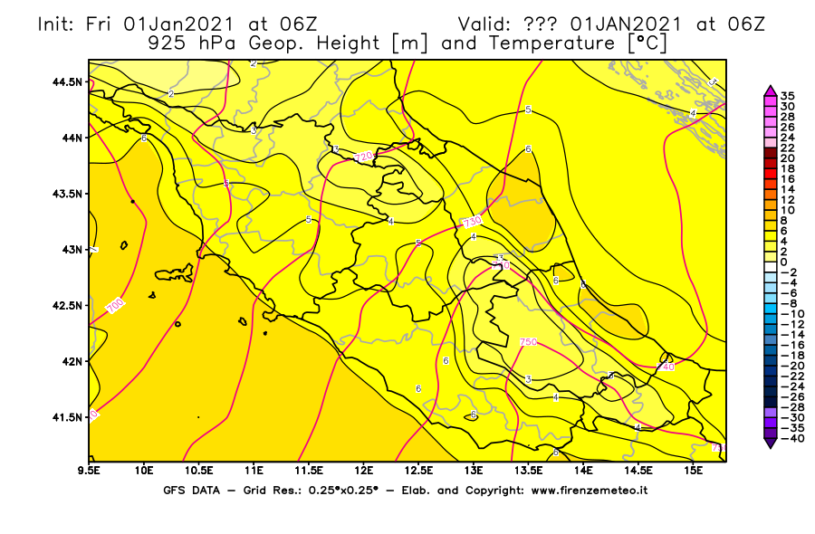 Mappa di analisi GFS - Geopotenziale [m] e Temperatura [°C] a 925 hPa in Centro-Italia
							del 01/01/2021 06 <!--googleoff: index-->UTC<!--googleon: index-->