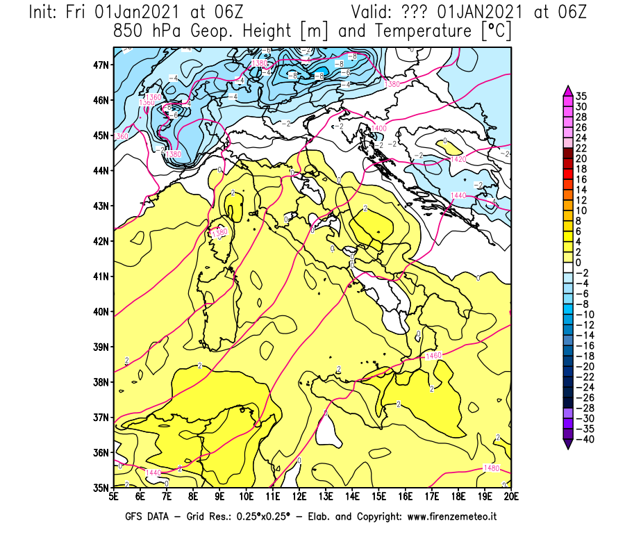 Mappa di analisi GFS - Geopotenziale [m] e Temperatura [°C] a 850 hPa in Italia
							del 01/01/2021 06 <!--googleoff: index-->UTC<!--googleon: index-->