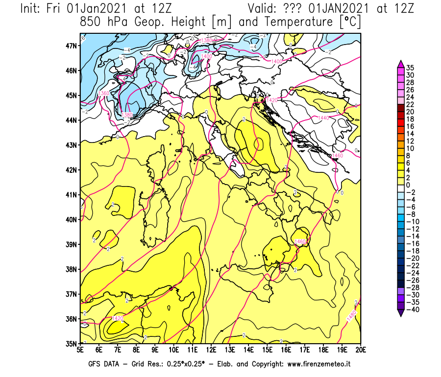 Mappa di analisi GFS - Geopotenziale [m] e Temperatura [°C] a 850 hPa in Italia
							del 01/01/2021 12 <!--googleoff: index-->UTC<!--googleon: index-->