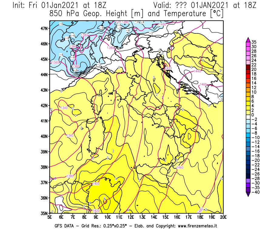 Mappa di analisi GFS - Geopotenziale [m] e Temperatura [°C] a 850 hPa in Italia
							del 01/01/2021 18 <!--googleoff: index-->UTC<!--googleon: index-->