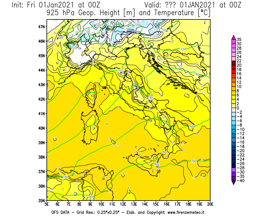Mappa di analisi GFS - Geopotenziale [m] e Temperatura [°C] a 925 hPa in Italia
							del 01/01/2021 00 <!--googleoff: index-->UTC<!--googleon: index-->