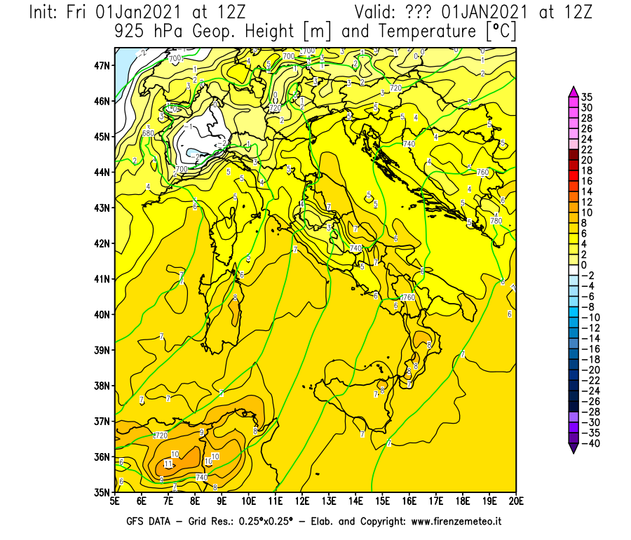 Mappa di analisi GFS - Geopotenziale [m] e Temperatura [°C] a 925 hPa in Italia
							del 01/01/2021 12 <!--googleoff: index-->UTC<!--googleon: index-->