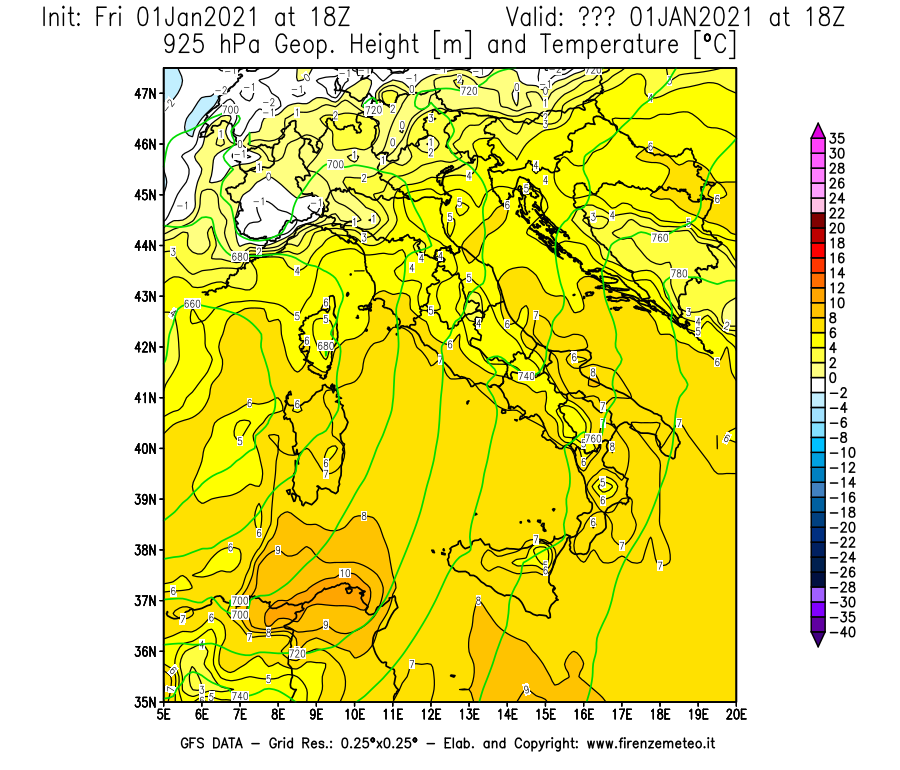 Mappa di analisi GFS - Geopotenziale [m] e Temperatura [°C] a 925 hPa in Italia
							del 01/01/2021 18 <!--googleoff: index-->UTC<!--googleon: index-->