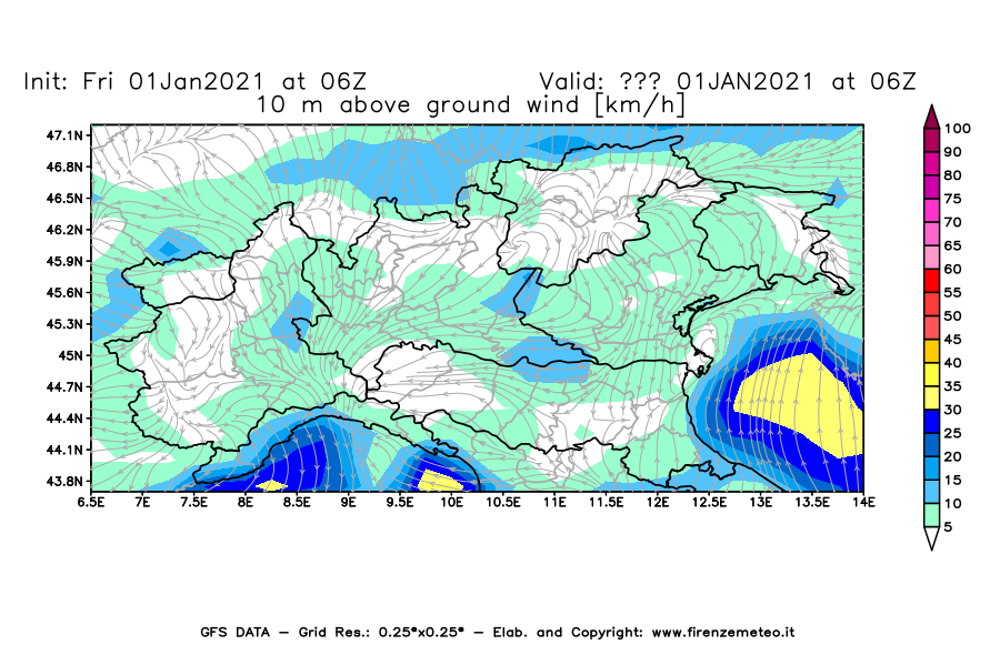 Mappa di analisi GFS - Velocità del vento a 10 metri dal suolo [km/h] in Nord-Italia
							del 01/01/2021 06 <!--googleoff: index-->UTC<!--googleon: index-->