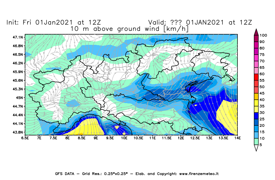 Mappa di analisi GFS - Velocità del vento a 10 metri dal suolo [km/h] in Nord-Italia
							del 01/01/2021 12 <!--googleoff: index-->UTC<!--googleon: index-->