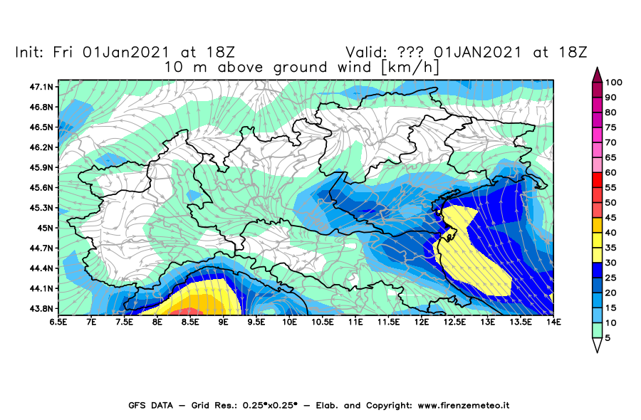 Mappa di analisi GFS - Velocità del vento a 10 metri dal suolo [km/h] in Nord-Italia
							del 01/01/2021 18 <!--googleoff: index-->UTC<!--googleon: index-->