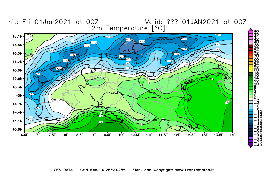 Mappa di analisi GFS - Temperatura a 2 metri dal suolo [°C] in Nord-Italia
							del 01/01/2021 00 <!--googleoff: index-->UTC<!--googleon: index-->