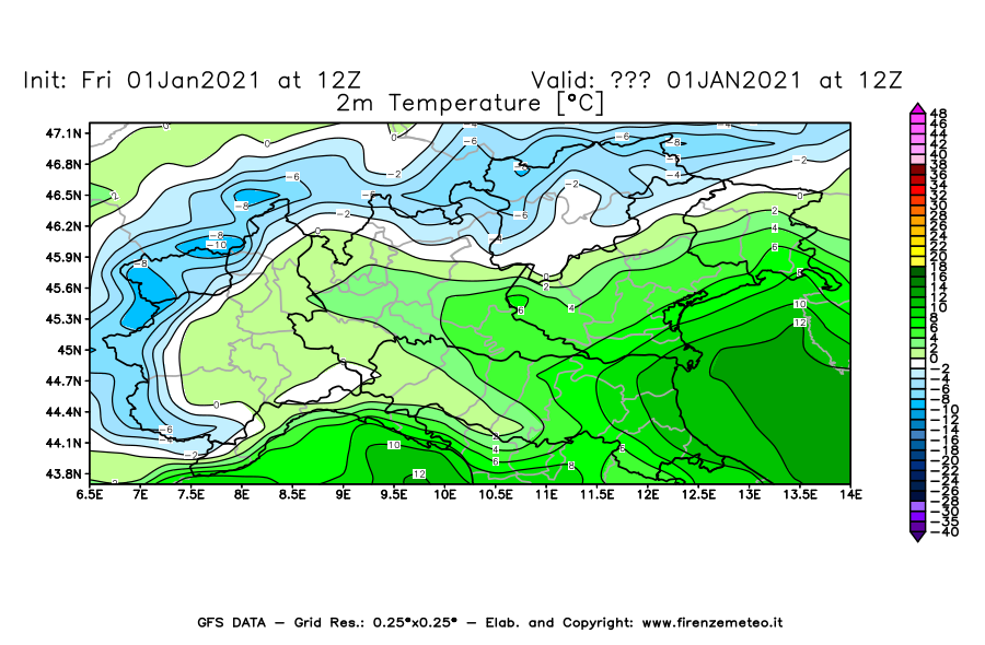 Mappa di analisi GFS - Temperatura a 2 metri dal suolo [°C] in Nord-Italia
							del 01/01/2021 12 <!--googleoff: index-->UTC<!--googleon: index-->