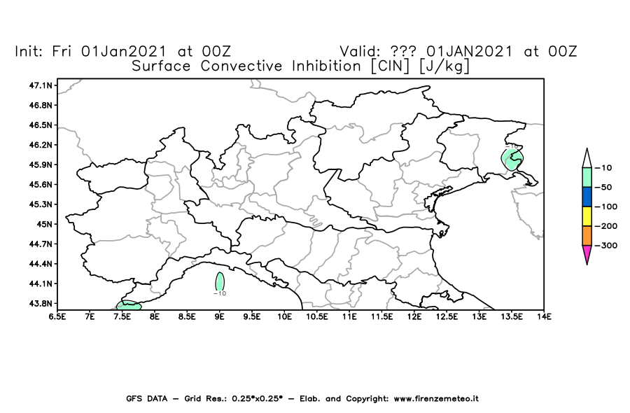 Mappa di analisi GFS - CIN [J/kg] in Nord-Italia
							del 01/01/2021 00 <!--googleoff: index-->UTC<!--googleon: index-->