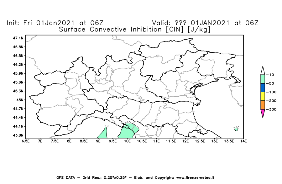 Mappa di analisi GFS - CIN [J/kg] in Nord-Italia
							del 01/01/2021 06 <!--googleoff: index-->UTC<!--googleon: index-->