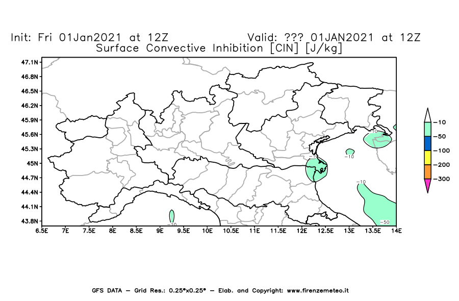 Mappa di analisi GFS - CIN [J/kg] in Nord-Italia
							del 01/01/2021 12 <!--googleoff: index-->UTC<!--googleon: index-->