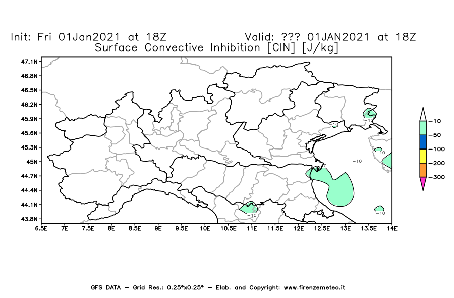 Mappa di analisi GFS - CIN [J/kg] in Nord-Italia
							del 01/01/2021 18 <!--googleoff: index-->UTC<!--googleon: index-->