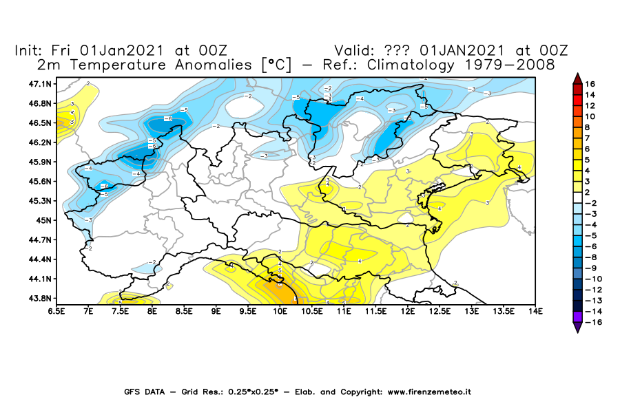 Mappa di analisi GFS - Anomalia Temperatura [°C] a 2 m in Nord-Italia
							del 01/01/2021 00 <!--googleoff: index-->UTC<!--googleon: index-->