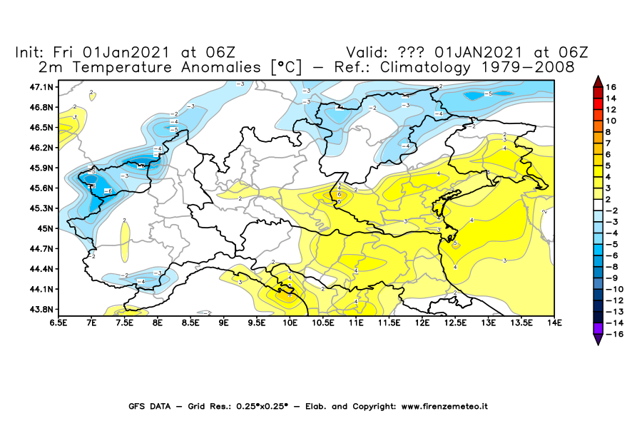 Mappa di analisi GFS - Anomalia Temperatura [°C] a 2 m in Nord-Italia
							del 01/01/2021 06 <!--googleoff: index-->UTC<!--googleon: index-->