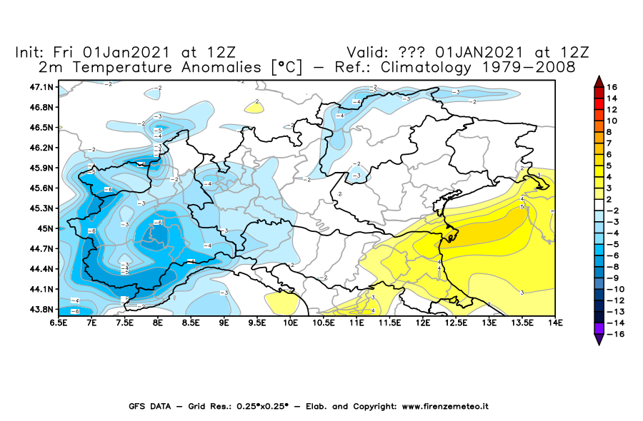 Mappa di analisi GFS - Anomalia Temperatura [°C] a 2 m in Nord-Italia
							del 01/01/2021 12 <!--googleoff: index-->UTC<!--googleon: index-->
