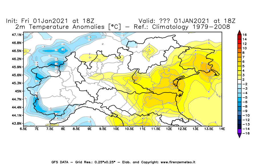 Mappa di analisi GFS - Anomalia Temperatura [°C] a 2 m in Nord-Italia
							del 01/01/2021 18 <!--googleoff: index-->UTC<!--googleon: index-->