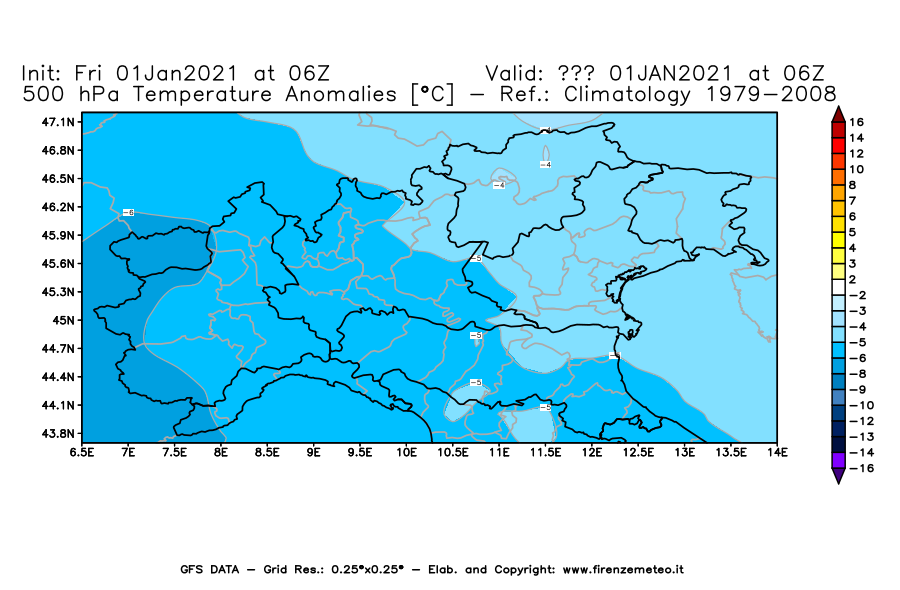 Mappa di analisi GFS - Anomalia Temperatura [°C] a 500 hPa in Nord-Italia
							del 01/01/2021 06 <!--googleoff: index-->UTC<!--googleon: index-->