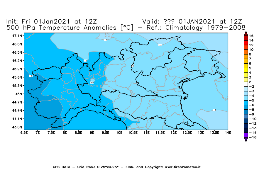 Mappa di analisi GFS - Anomalia Temperatura [°C] a 500 hPa in Nord-Italia
							del 01/01/2021 12 <!--googleoff: index-->UTC<!--googleon: index-->