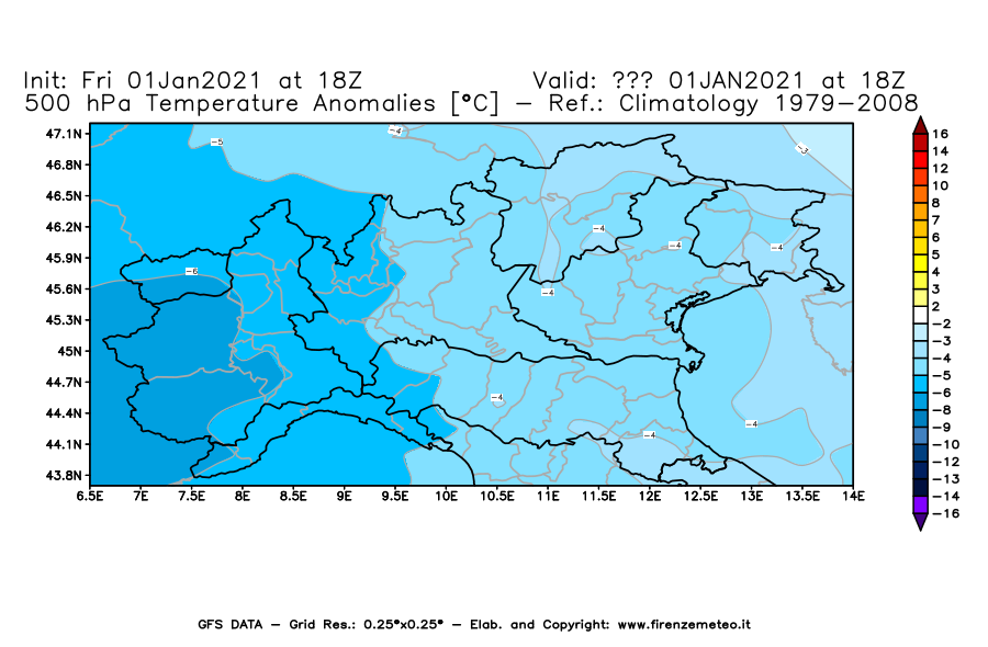 Mappa di analisi GFS - Anomalia Temperatura [°C] a 500 hPa in Nord-Italia
							del 01/01/2021 18 <!--googleoff: index-->UTC<!--googleon: index-->