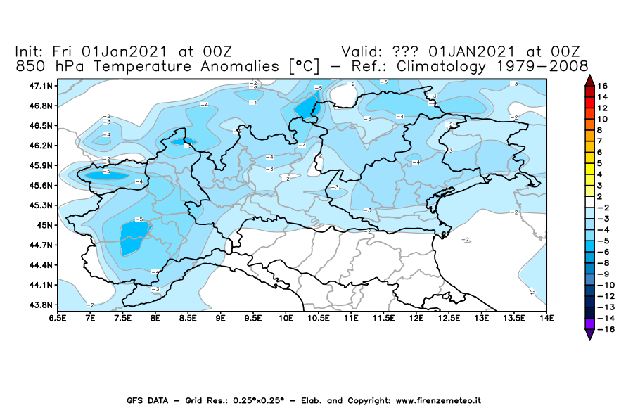 Mappa di analisi GFS - Anomalia Temperatura [°C] a 850 hPa in Nord-Italia
							del 01/01/2021 00 <!--googleoff: index-->UTC<!--googleon: index-->