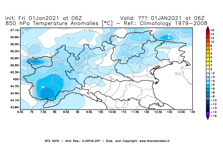 Mappa di analisi GFS - Anomalia Temperatura [°C] a 850 hPa in Nord-Italia
							del 01/01/2021 06 <!--googleoff: index-->UTC<!--googleon: index-->