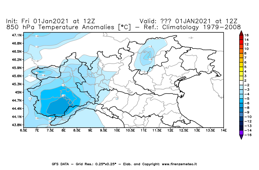 Mappa di analisi GFS - Anomalia Temperatura [°C] a 850 hPa in Nord-Italia
							del 01/01/2021 12 <!--googleoff: index-->UTC<!--googleon: index-->