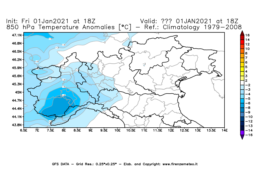 Mappa di analisi GFS - Anomalia Temperatura [°C] a 850 hPa in Nord-Italia
							del 01/01/2021 18 <!--googleoff: index-->UTC<!--googleon: index-->