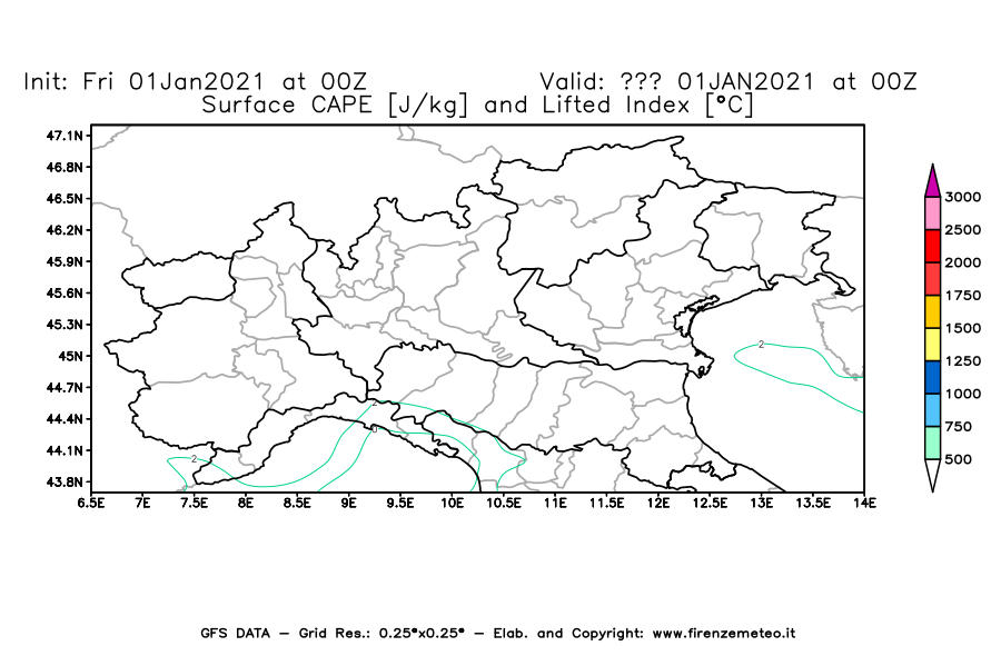Mappa di analisi GFS - CAPE [J/kg] e Lifted Index [°C] in Nord-Italia
							del 01/01/2021 00 <!--googleoff: index-->UTC<!--googleon: index-->