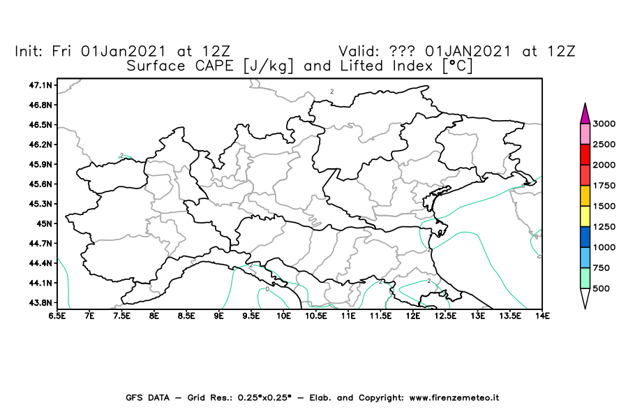 Mappa di analisi GFS - CAPE [J/kg] e Lifted Index [°C] in Nord-Italia
							del 01/01/2021 12 <!--googleoff: index-->UTC<!--googleon: index-->