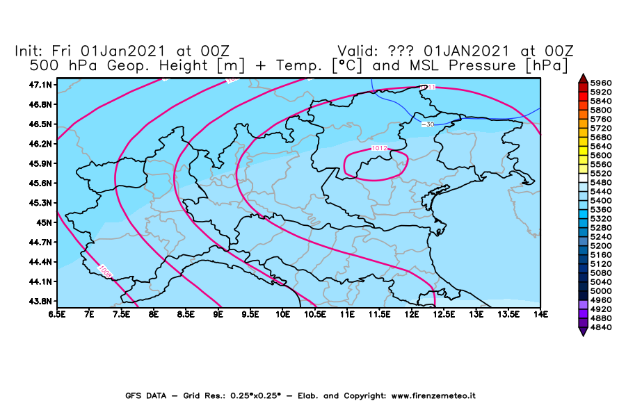 Mappa di analisi GFS - Geopotenziale [m] + Temp. [°C] a 500 hPa + Press. a livello del mare [hPa] in Nord-Italia
							del 01/01/2021 00 <!--googleoff: index-->UTC<!--googleon: index-->
